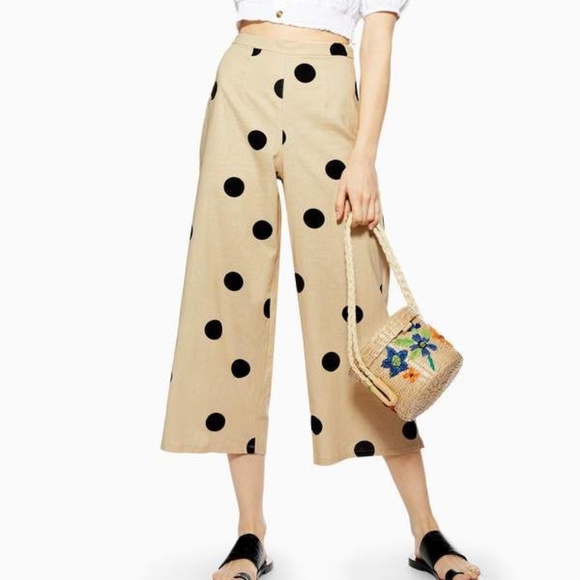 Topshop Linen Blend Polka Dot Wide Crop Trousers - Picture 1 of 5